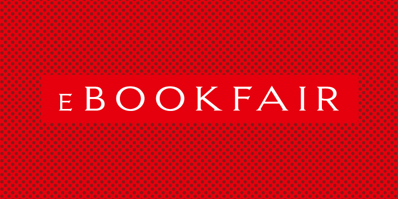 A graphic of white text reading 'eBOOKFAIR' on a red rectangle, overlaid upon a dark-red dot background.