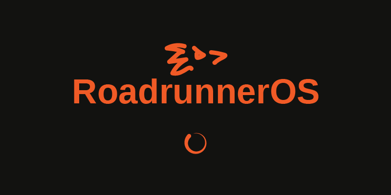 An illustration of a startup screen, with a loading icon and a logo that reads 'RoadrunnerOS'