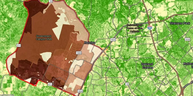 A screenshot of a map showing vegetation levels in northwest San Antonio alongside districts which are colored in varying shades of red