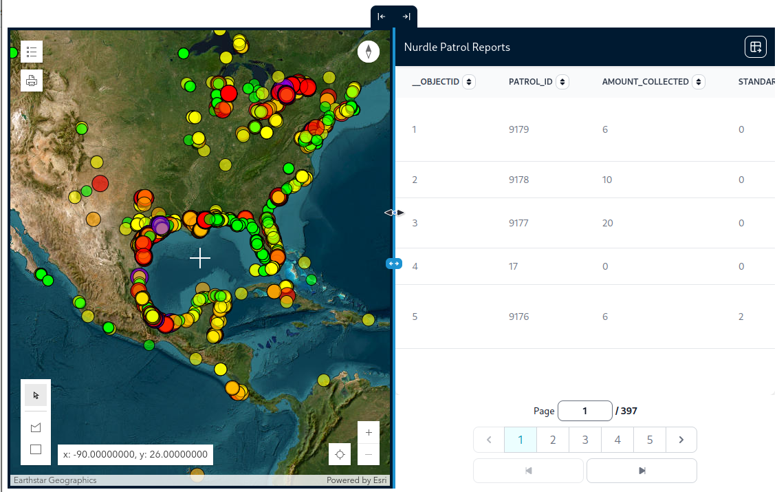 A screenshot showing multicolored dots on a satellite map, demonstrating the locations of user-reported samples of plastic nurdles found on the ground.