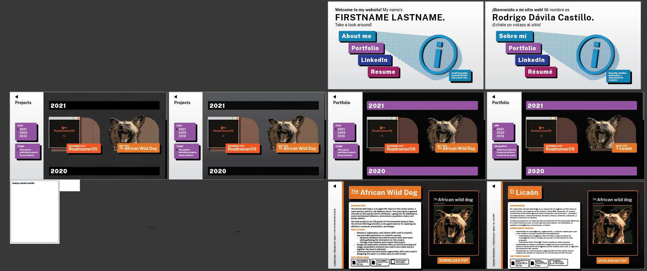 A screenshot of a dark Adobe Illustrator canvas, populated with multiple colorful mockups for landing, portfolio, and portfolio article pages, alongside standalone concepts for a letterhead and a business card.